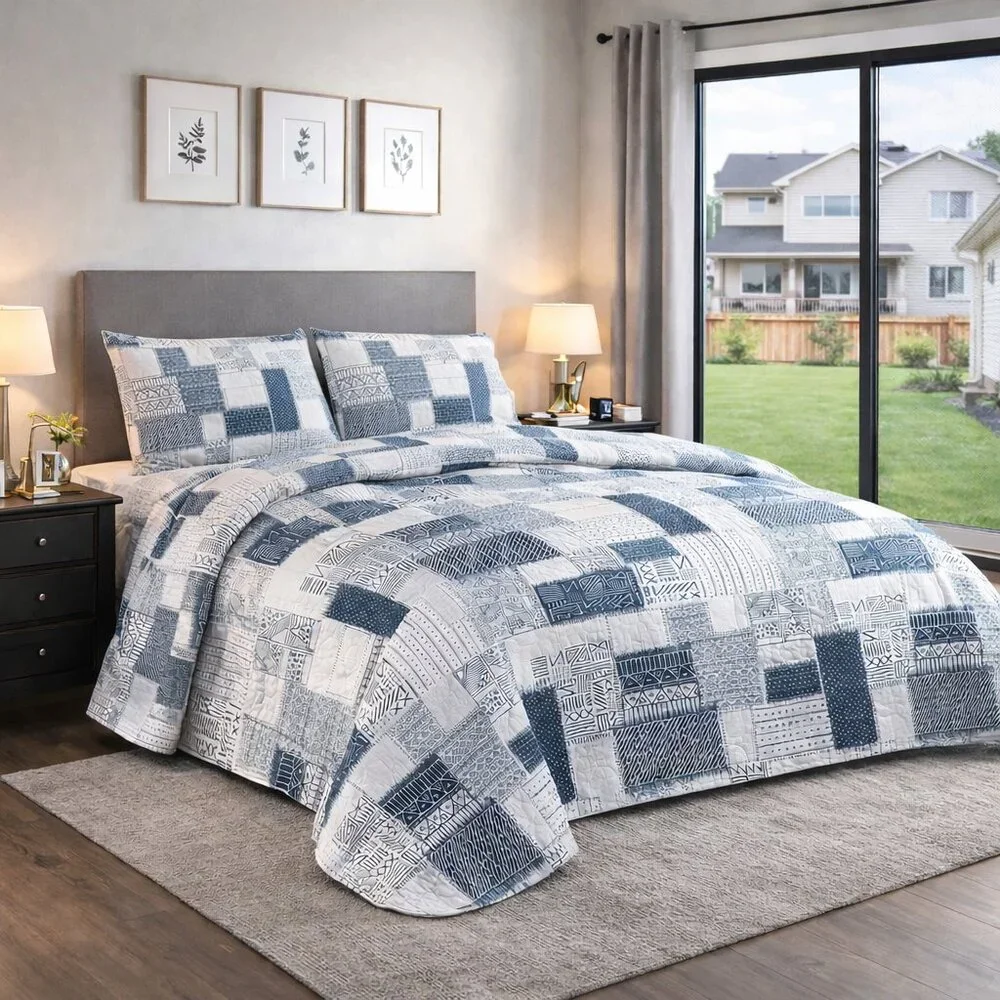 Geometric Pattern Quilted Bedspread Set Bedspreads Queen Size King Quilt - Gray